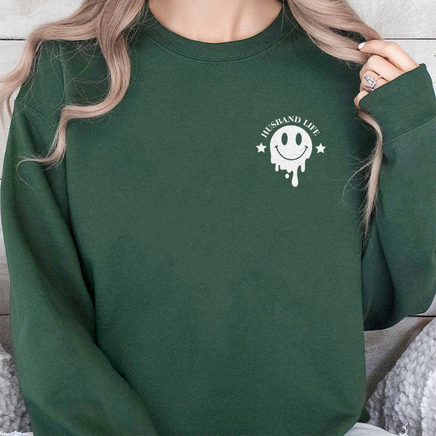 Husband Life Sweatshirt | Dripping Smiley Face Graphic | Premium Cotton Blend | Funny Sarcastic Marriage Gift For Him
