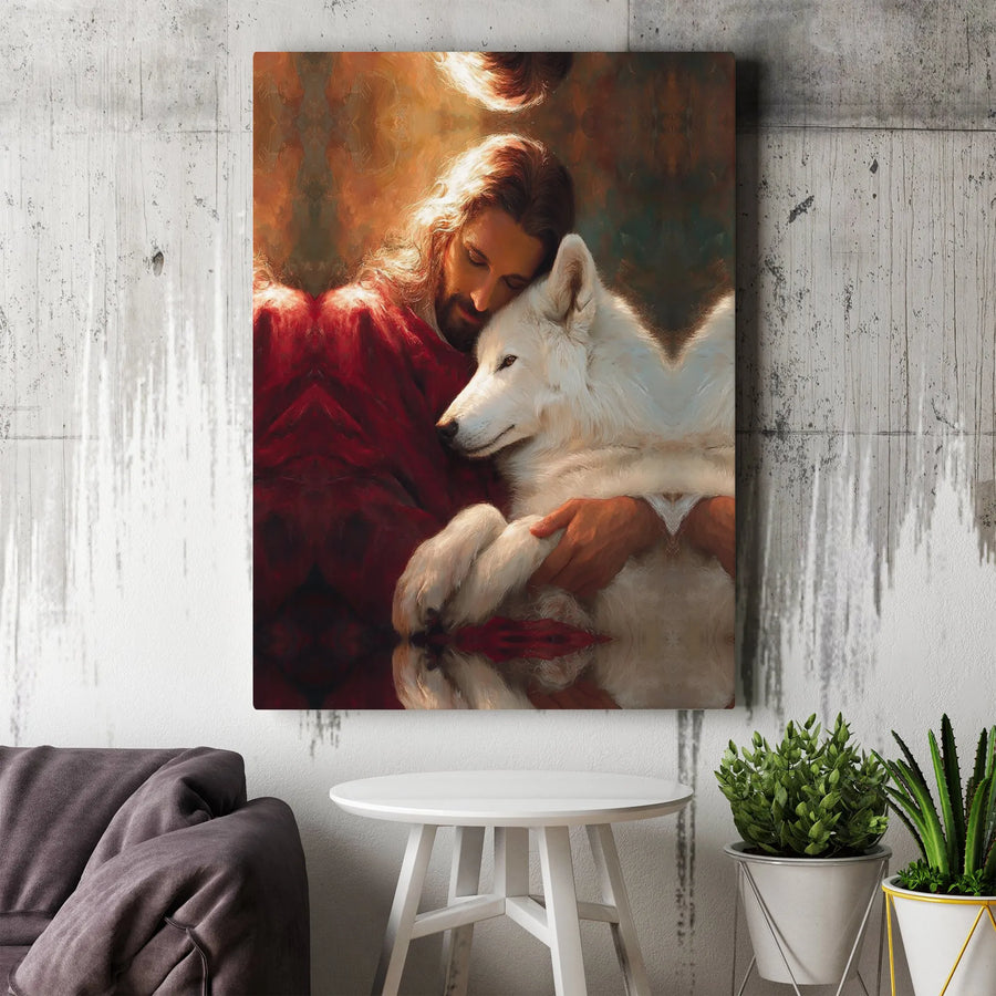 Jesus and Wolf Canvas Wall Art | Christ Embracing White Wolf Painting | Premium Gallery Wrap | Christian Home Decor Gift