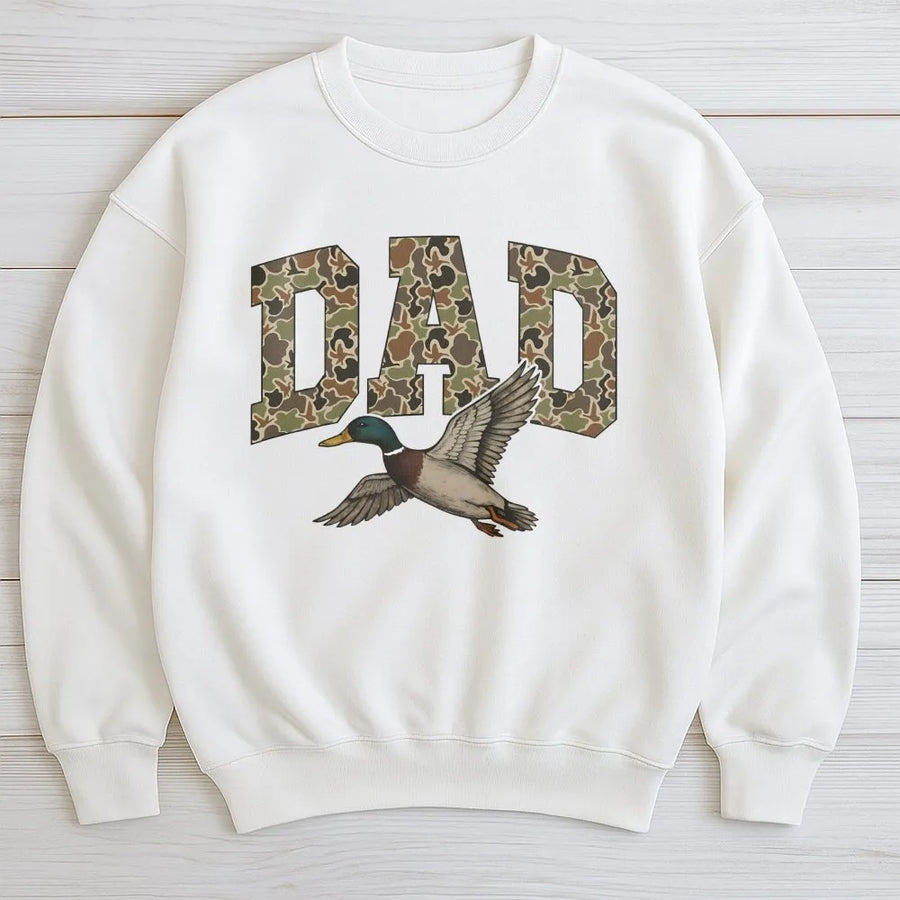 Camo Dad Duck Sweatshirt | Waterfowl Hunting Graphic Tee | Premium Cotton Blend Unisex Pullover | Outdoorsman Gift for Hunter Dad