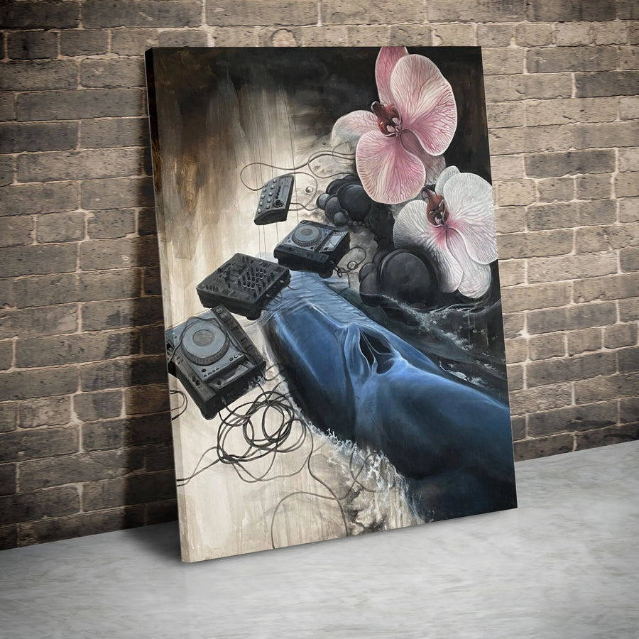 Surreal Whale DJ Vertical Canvas | Abstract Ocean Music & Orchid Art | Premium Thick Gallery Wrap Canvas | Collector's Gift for Music Lover