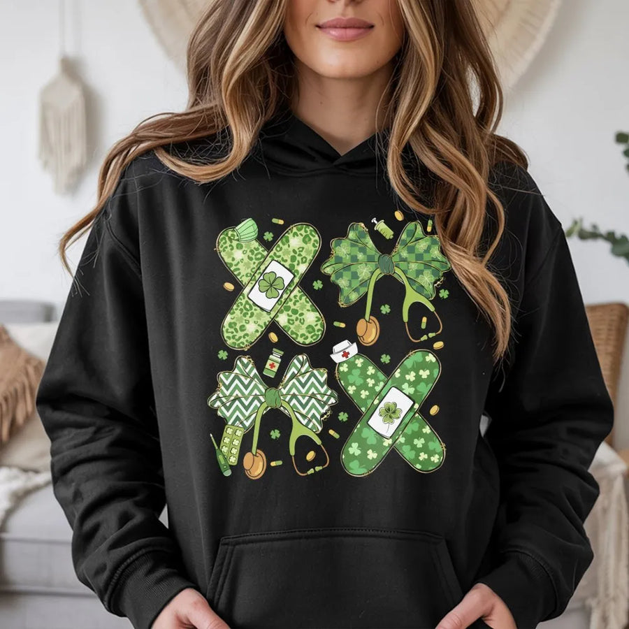 St. Patrick's Day Nurse Hoodie | Lucky Shamrock Medical Bow Graphic | Premium Cotton Blend | Gift for Healthcare Workers & RNs