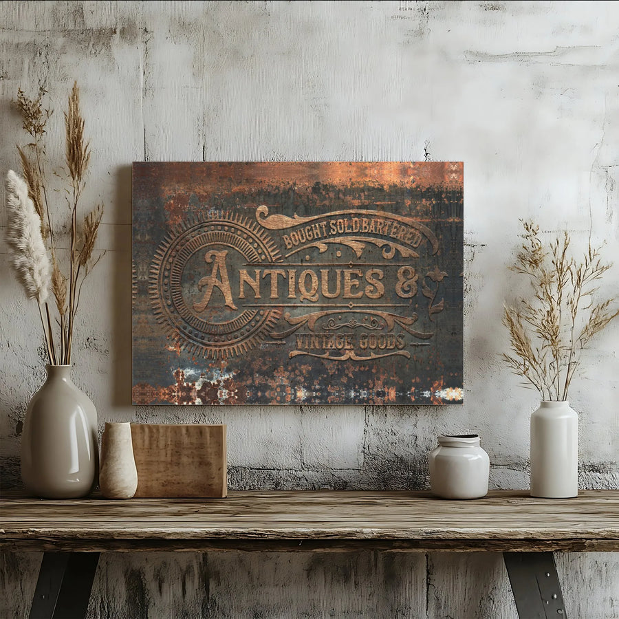 Vintage Antiques Sign Canvas Art | Rusted Metal Industrial Print with 3D Embossed Look | Premium Gallery Wrapped Canvas | Rustic Farmhouse Decor Gift