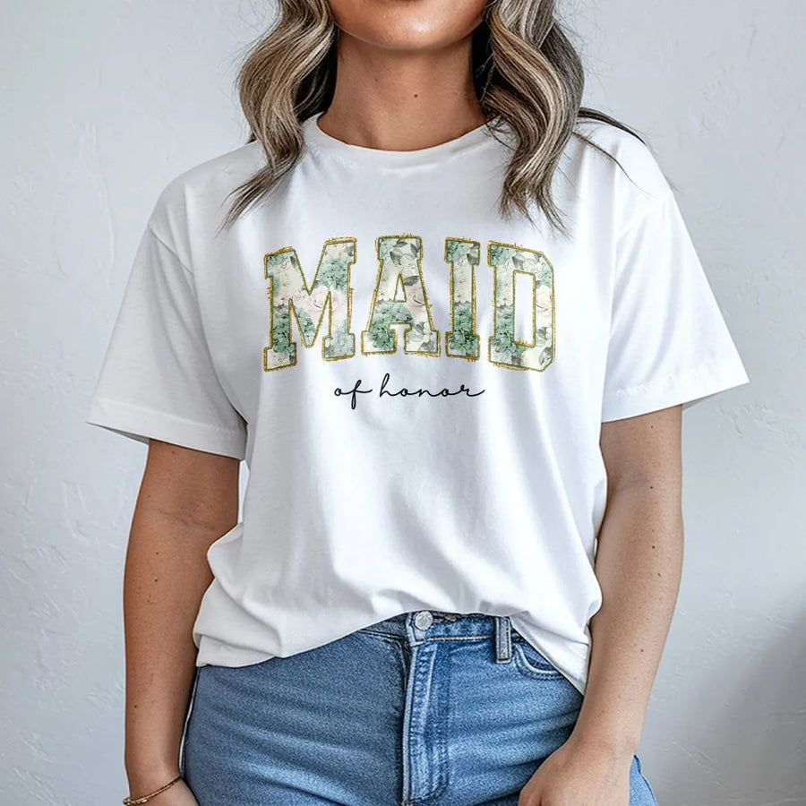 Maid Of Honor T-Shirt | Sage Green Floral Botanical Print | Premium Soft Cotton | Bridal Party Proposal Gift For Her