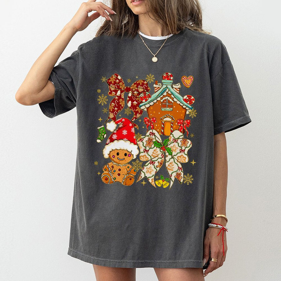 Christmas Gingerbread Man T-Shirt | Festive Santa Hat & Cookie House Graphic | Premium 100% Cotton | Cute Holiday Gift for Women & Men