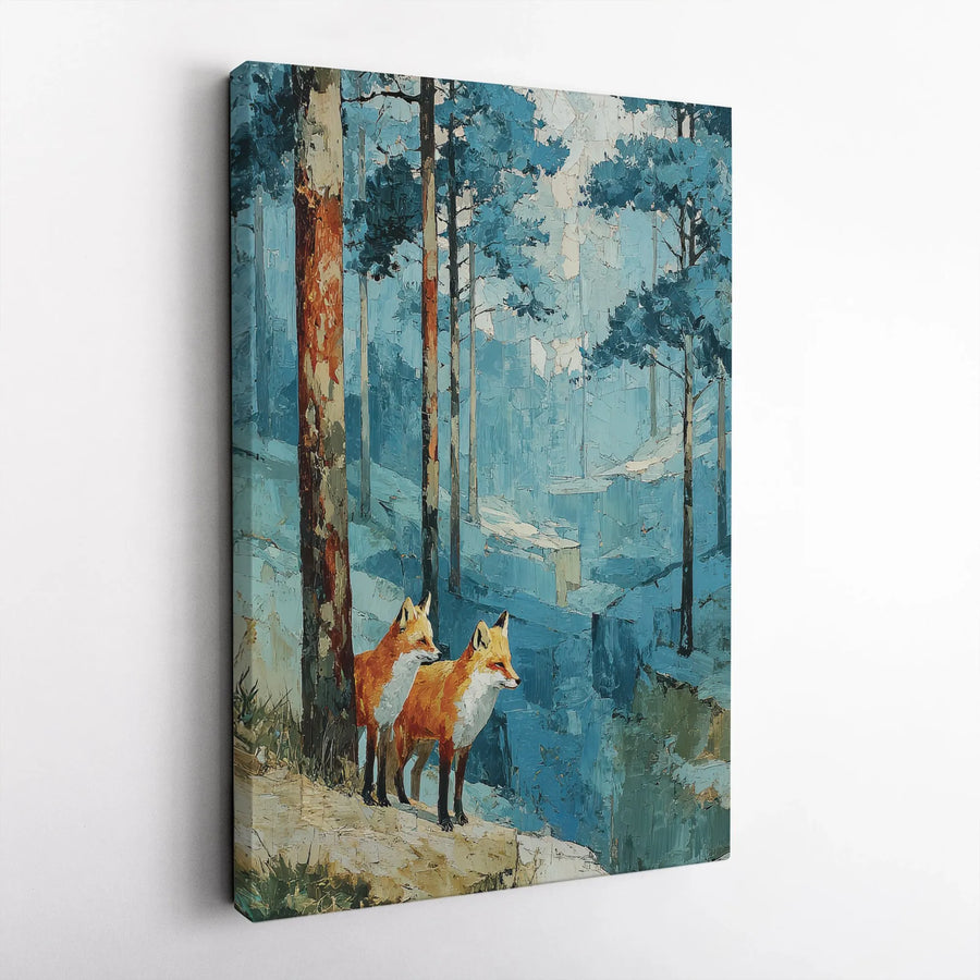 Two Foxes Canvas Art | Impressionistic Blue Pine Forest Wall Decor | Premium Gallery Wrap Print | Wildlife Nature Lover Gift