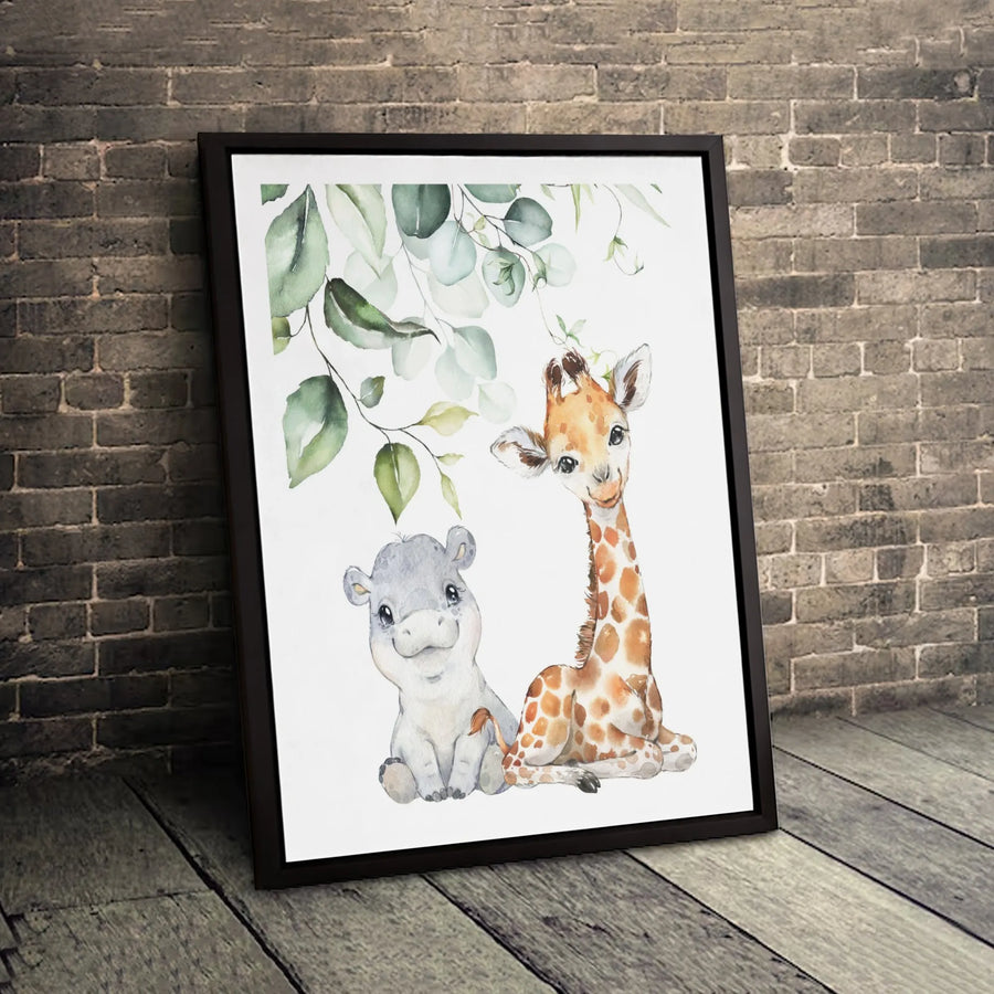 Watercolor Baby Giraffe and Hippo Art | Eucalyptus Nursery Decor | Premium Gallery Canvas | Gift for Baby Shower
