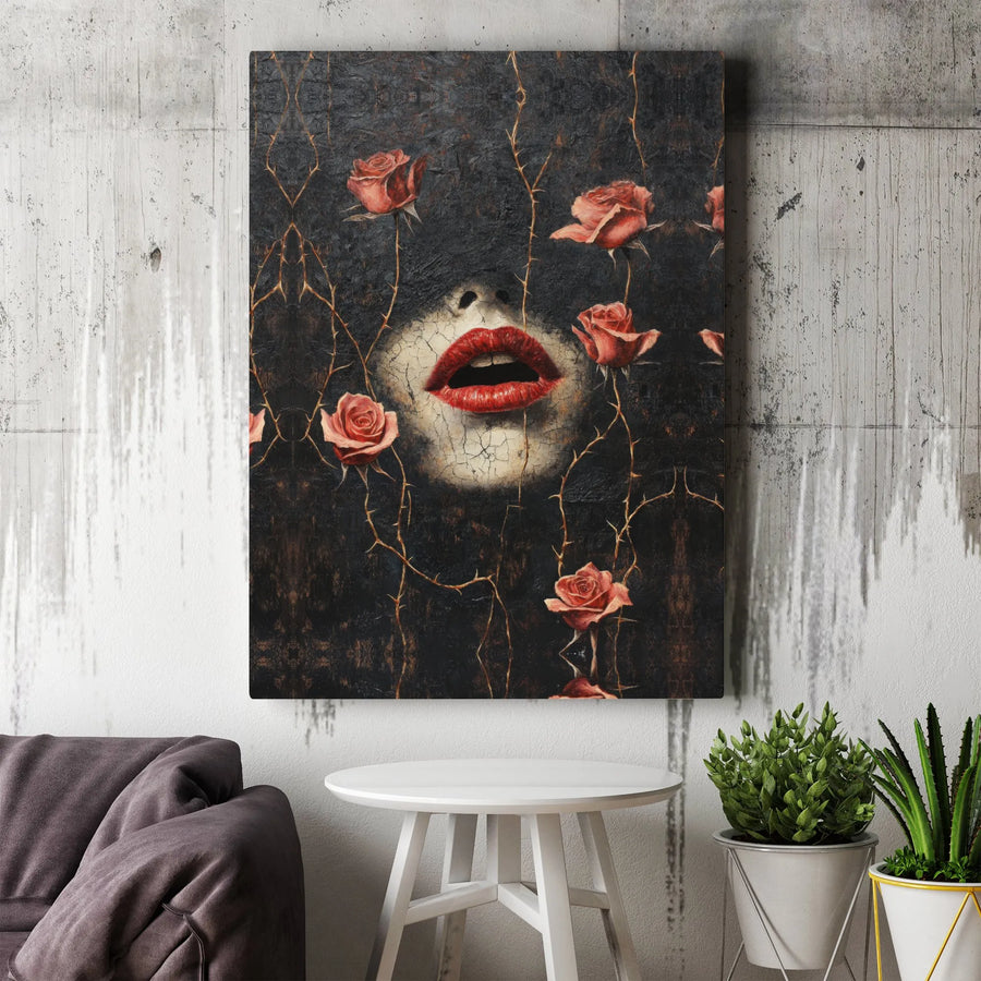 Surreal Lips Canvas Wall Art | Dark Gothic Rose Aesthetic Decor | Premium Gallery-Wrapped Print | Moody Home Decor for Living Room