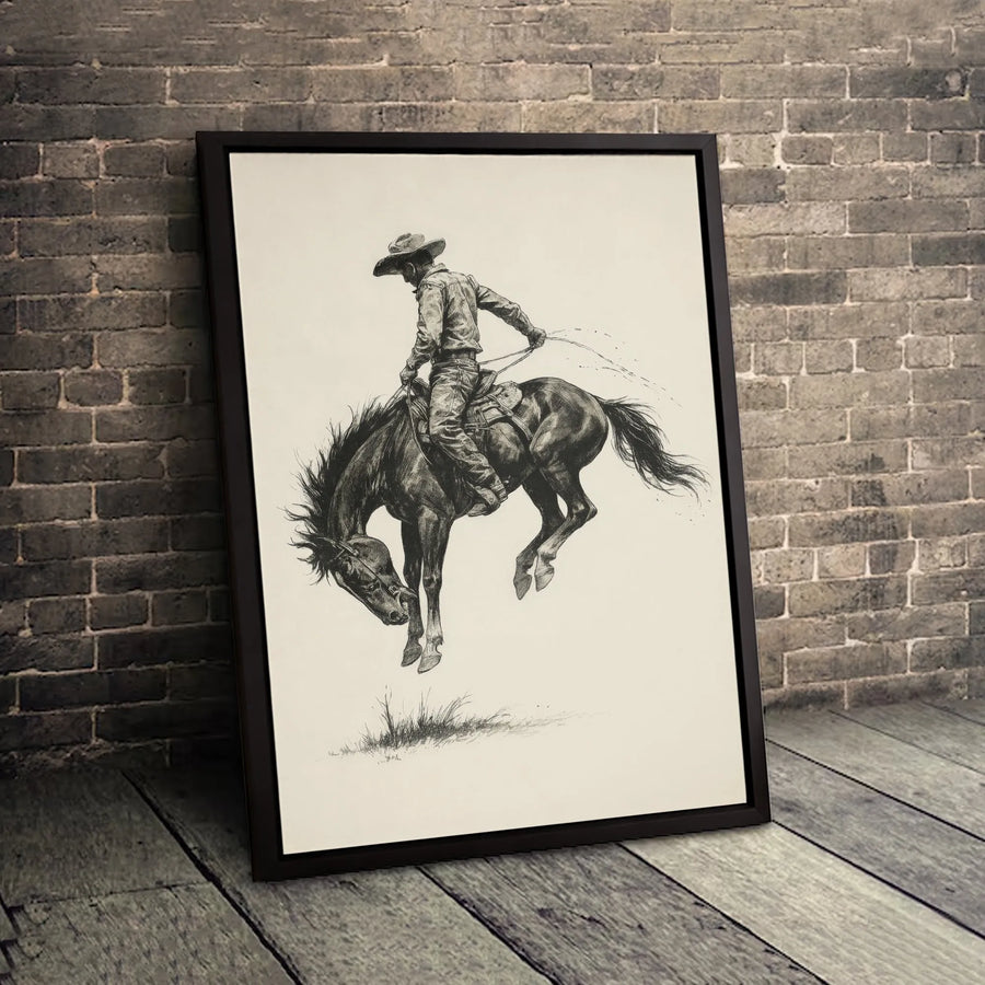 Western Cowboy Canvas Print | Bucking Bronco Rodeo Sketch Art | Premium Gallery Wrapped Wall Decor | Rustic Farmhouse Living Room Gift