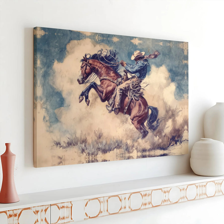 Western Cowboy Canvas Wall Art | Bucking Bronco Oil Painting Style | Premium Gallery Wrap 1.25" Frame | Rustic Home Decor Gift for Him