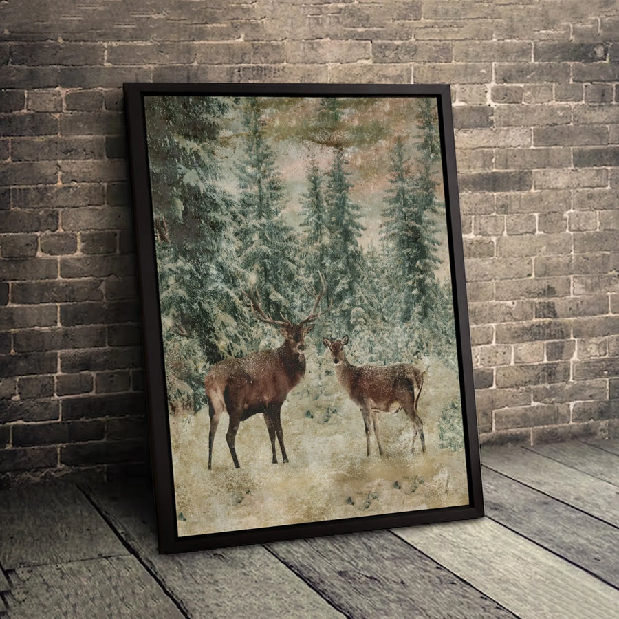 Winter Deer Wall Art | Stag And Doe Snowy Forest Print | Gallery-Quality 1.25-Inch Canvas | Rustic Home Decor Gift For Nature Lovers