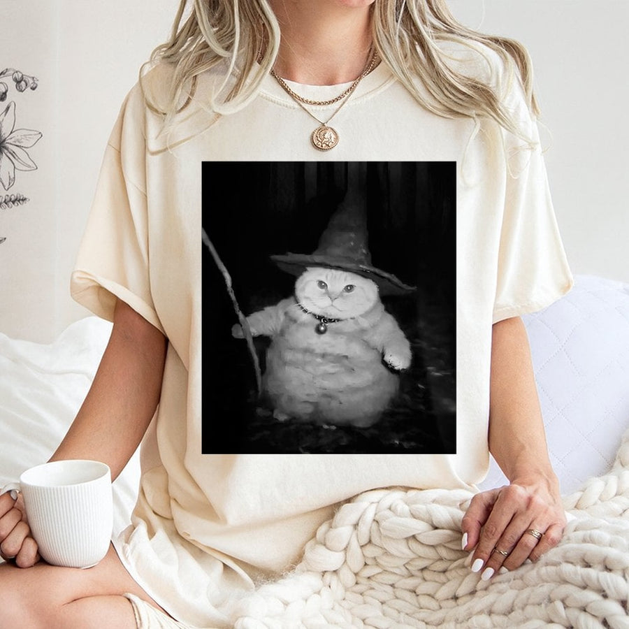 Wizard Cat Graphic T-Shirt | Funny Fantasy Meme Design | Premium 100% Cotton Tee | Whimsical Animal Lover Gift for Men & Women