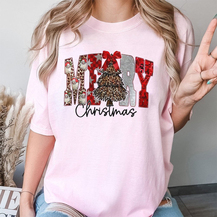 Merry Christmas T-Shirt | Leopard Print Santa Tree Graphic | Soft 100% Cotton Premium Tee | Festive Holiday Gift for Women and Men
