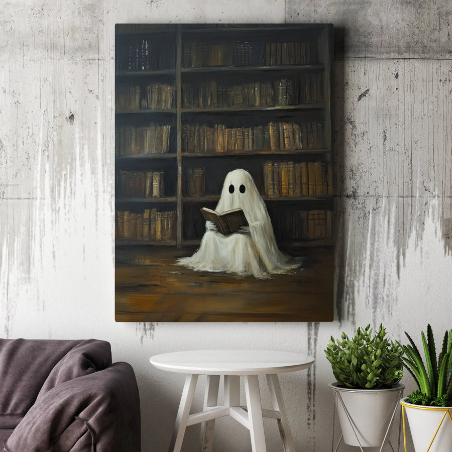 Ghost Reading Book Canvas Wall Art | Dark Academia Library Decor | Premium Gallery Wrapped Canvas | Spooky Book Lover Gift