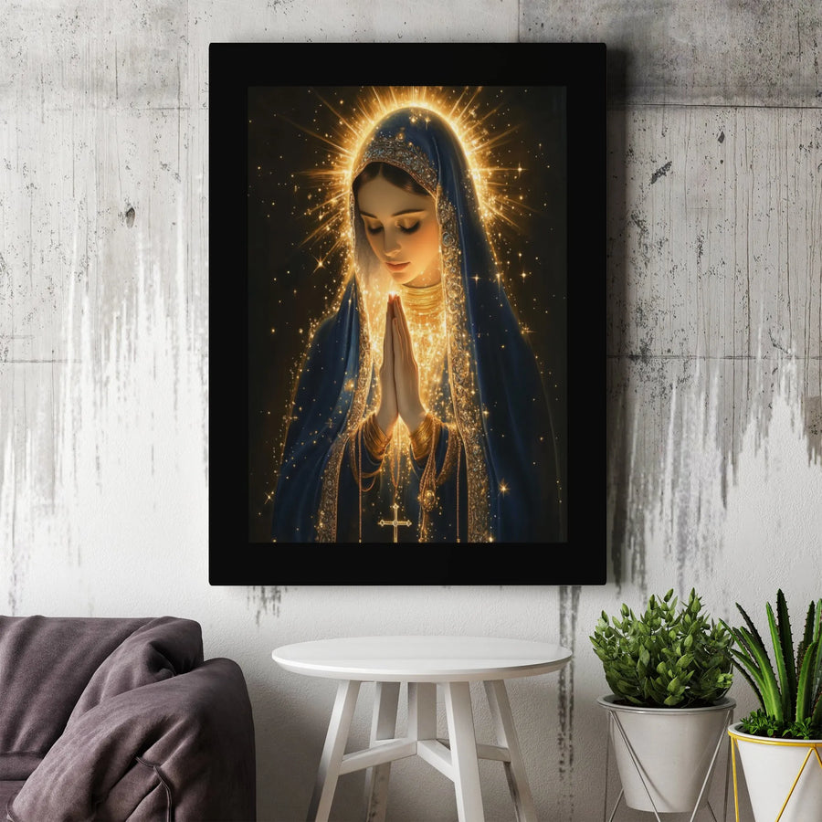 Virgin Mary Canvas Wall Art | Glowing Halo Religious Painting | Premium Gallery Wrap | Spiritual Home Decor Gift for Believers