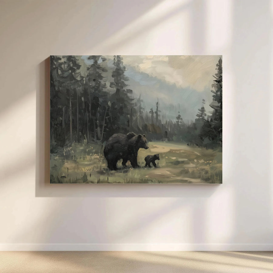 Mother Bear and Cub Wall Art | Impressionist Forest Wildlife Painting | Premium Gallery Wrap Canvas | Rustic Home Decor Gift for Nature Lovers
