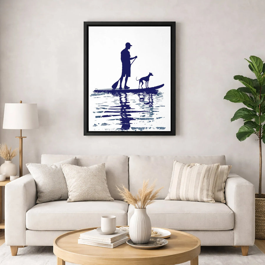 Stand Up Paddleboarding Wall Art | Man and Dog Silhouette Print | Premium Gallery Wrapped Canvas | Water Sports Home Decor Gift