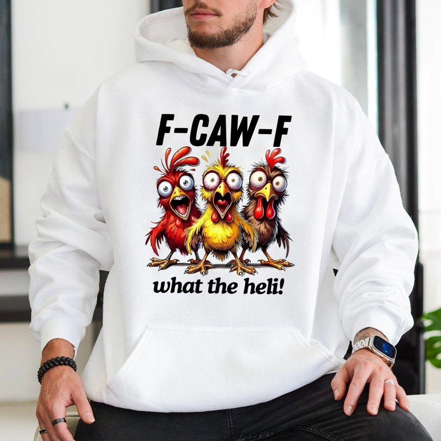 Funny Chicken Hoodie | F-Caw-F What The Heli Graphic Print | Soft Cotton-Polyester Blend | Humorous Farm Animal Gift For Chicken Lovers