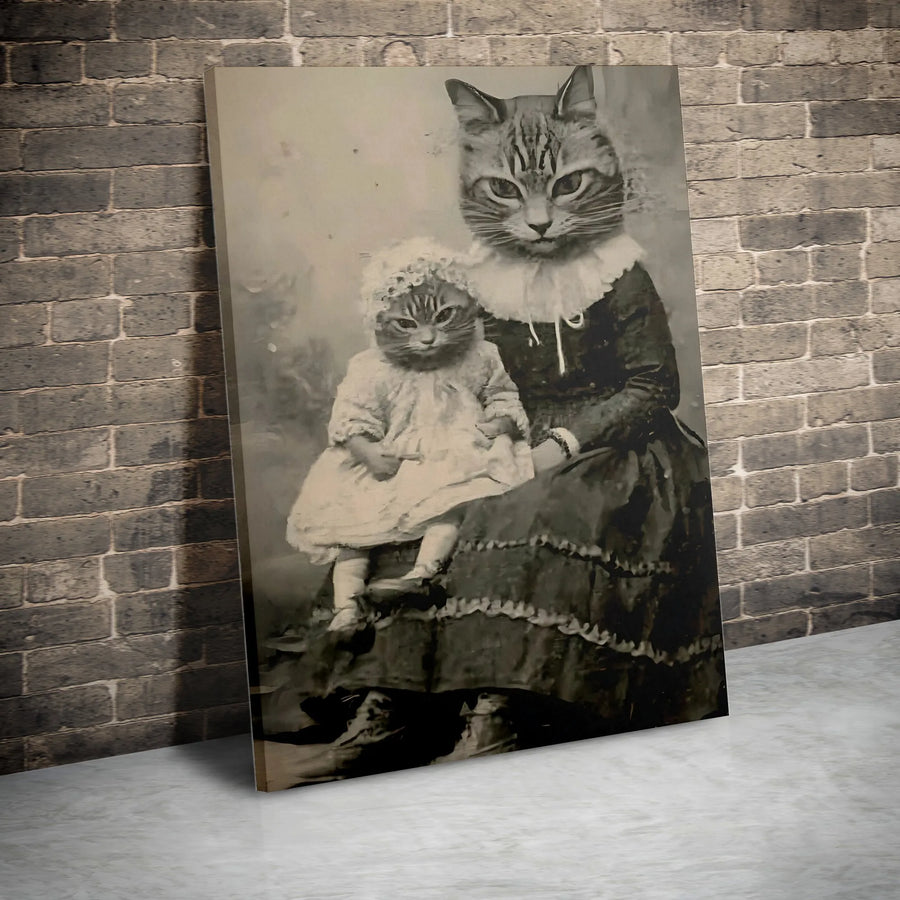 Victorian Cat Portrait Wall Art | Vintage Mother and Kitten Photography Print | Premium Gallery Wrapped Canvas | Whimsical Home Decor Gift