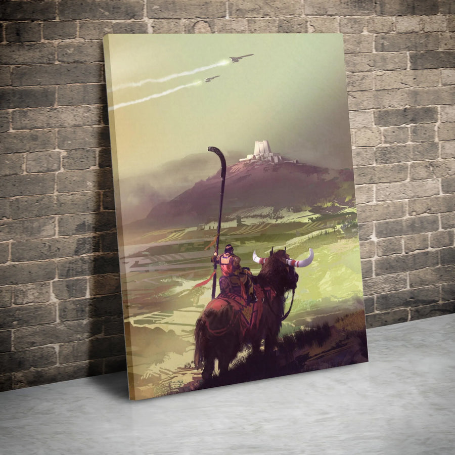 Fantasy Sci-Fi Wall Art | Warrior Riding Beast with Spaceship Landscape | Gallery-Grade Canvas Print | Gift for Gamers and Fantasy Enthusiasts
