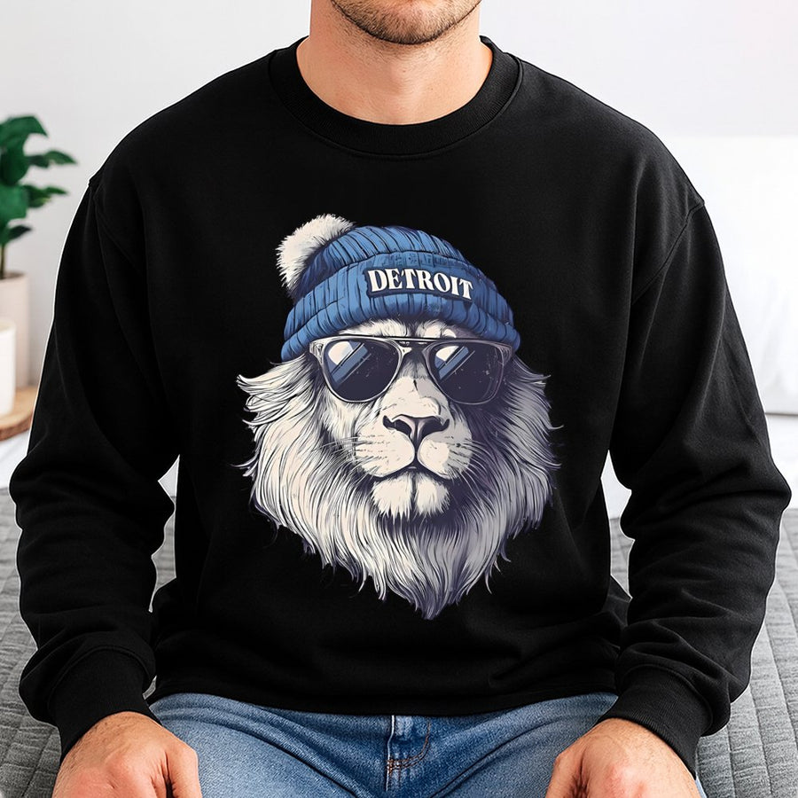 Detroit Lion Wearing Sunglasses And A Beanie Sweatshirt