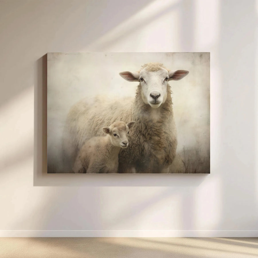 Sheep and Lamb Canvas Wall Art | Rustic Farmhouse Animal Painting | Thick Gallery Wrapped Canvas | Country Home Decor Gift