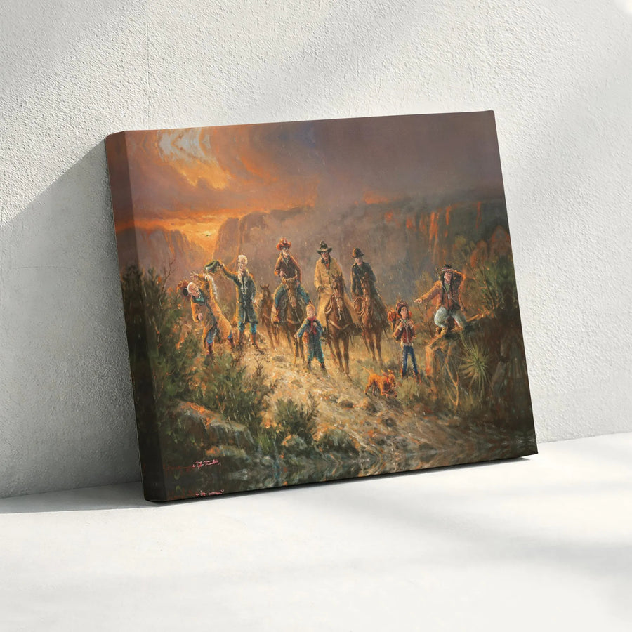 Western Cowboy Art Canvas Print | Canyon Trail Pioneer Landscape | Premium Gallery Wrapped Wall Decor | Gift for Western Art Collector
