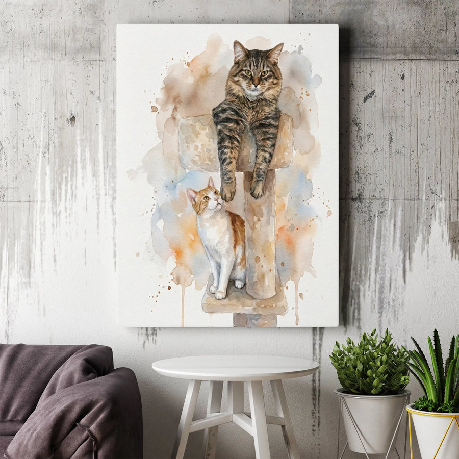 Watercolor Cat Canvas Art | Two Cats on Cat Tree Painting | 1.25 Inch Gallery Wrap | Premium Animal Lover Home Decor Wall Print
