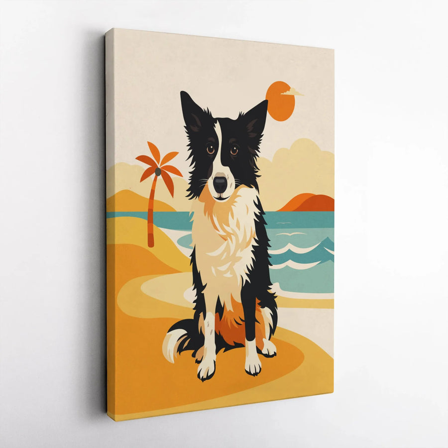 Border Collie Canvas Wall Art | Retro Beach Sunset Print | Premium Gallery Wrapped Canvas | Unique Gift for Dog Lover