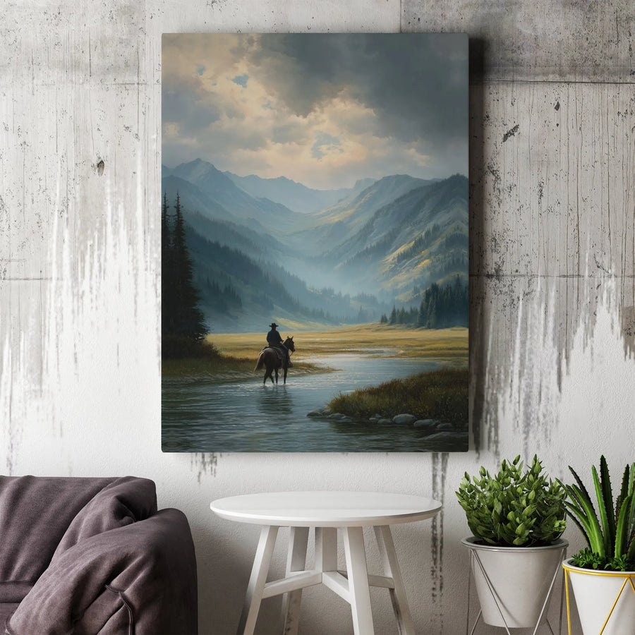 Western Cowboy Wall Art | Moody Mountain River Landscape | Premium Gallery-Wrapped Canvas | Rustic Decor for Home or Office