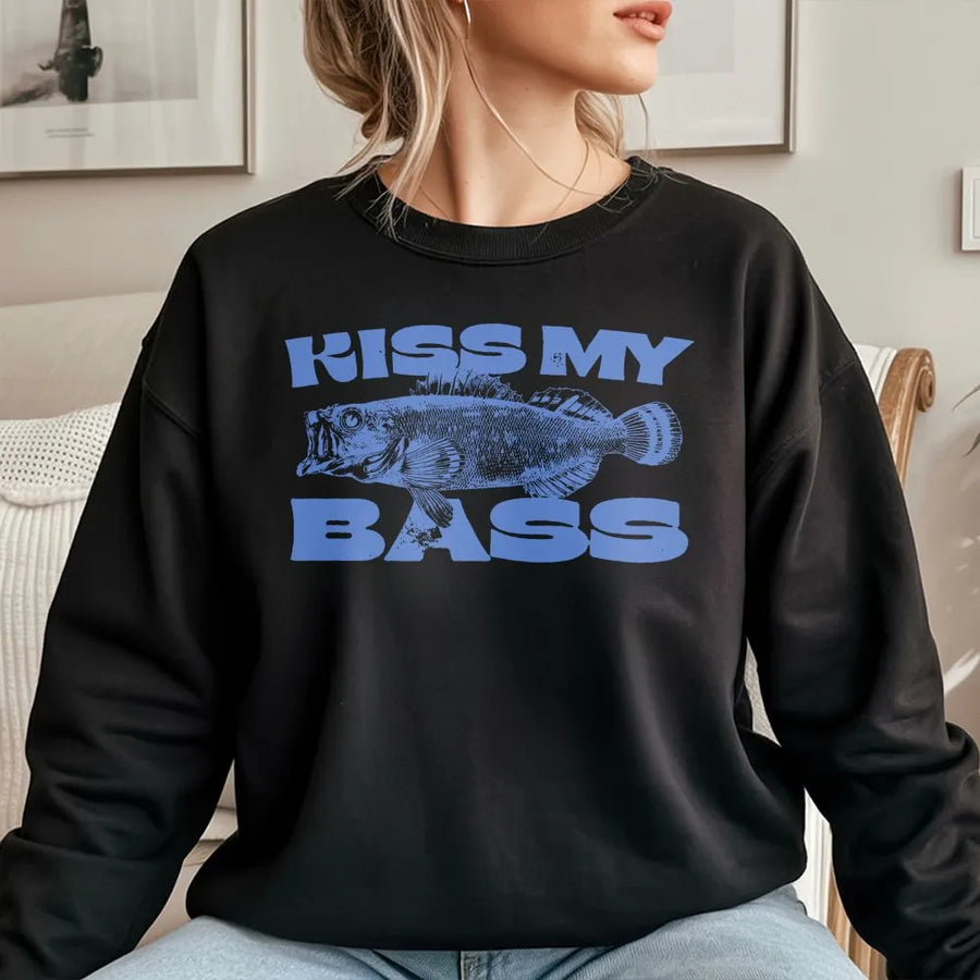 Kiss My Bass Fishing Sweatshirt | Funny Retro Fish Graphic Tee | Premium Soft Cotton | Gift for Fisherman Angler Dad