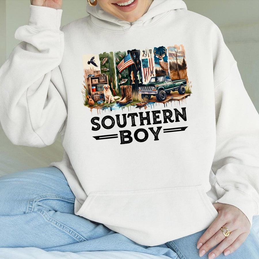 Southern Boy Hoodie | Hunting Fishing Truck Graphic Art | Cotton Blend Premium Apparel | Gift for Outdoorsman Hunter