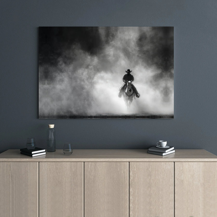 Lone Cowboy Wall Art | Black and White Western Horse Portrait | Premium Gallery Wrapped Canvas | Rustic Southwestern Home Decor Gift
