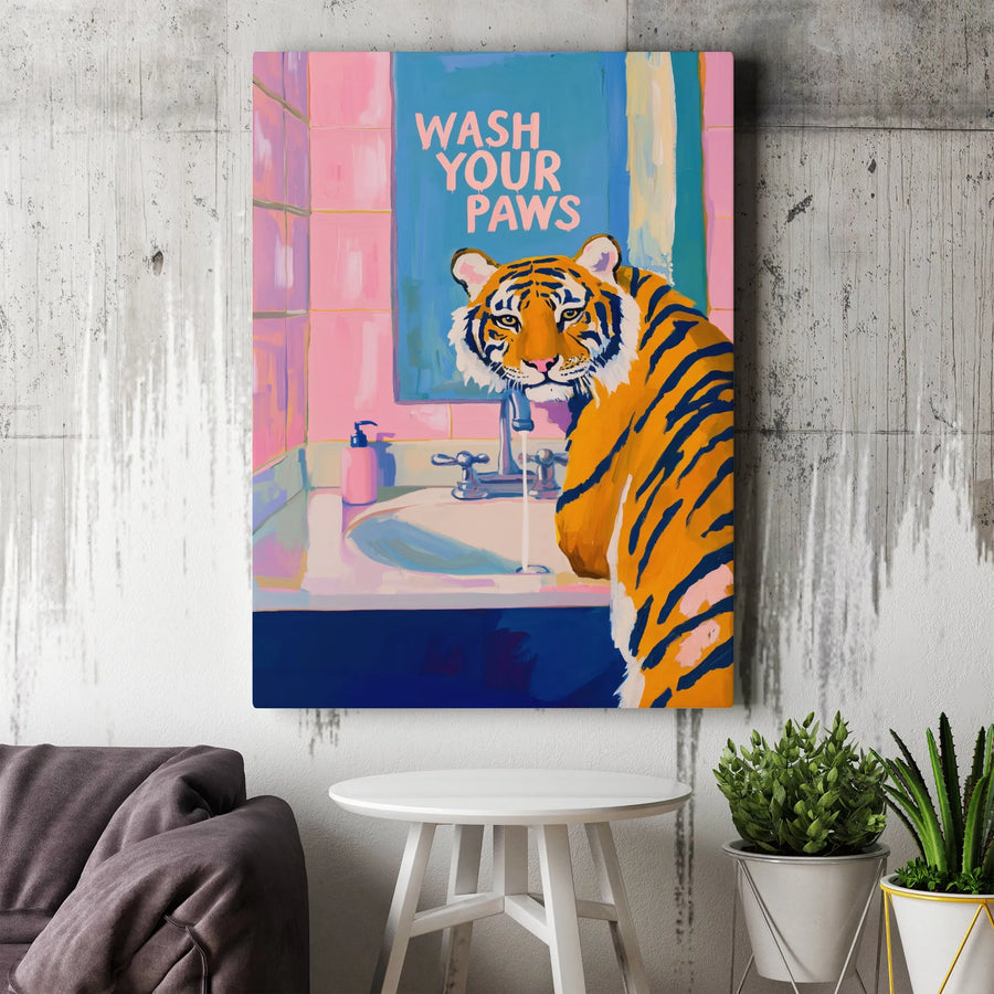 Wash Your Paws Tiger Wall Art | Whimsical Bathroom Decor Print | Premium 1.25-inch Canvas | Funny Animal Poster Gift for Home or Office
