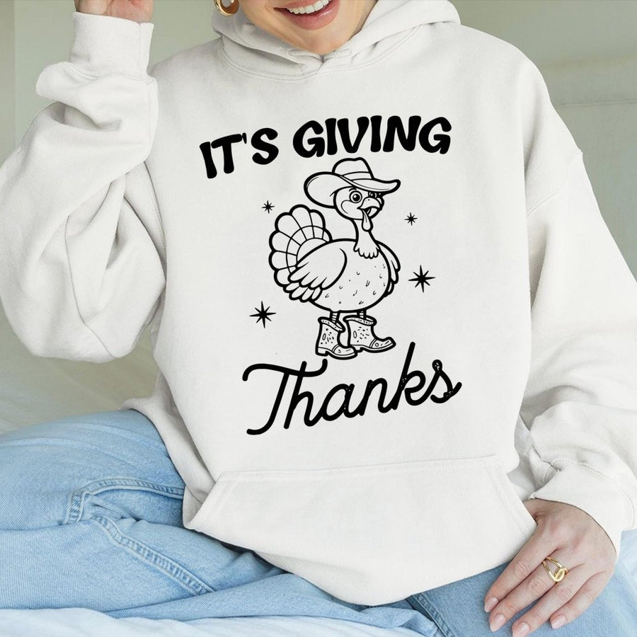 It's Giving Thanks Hoodie | Funny Cowboy Turkey Graphic | Premium Cotton Blend | Thanksgiving Gift for Women & Men