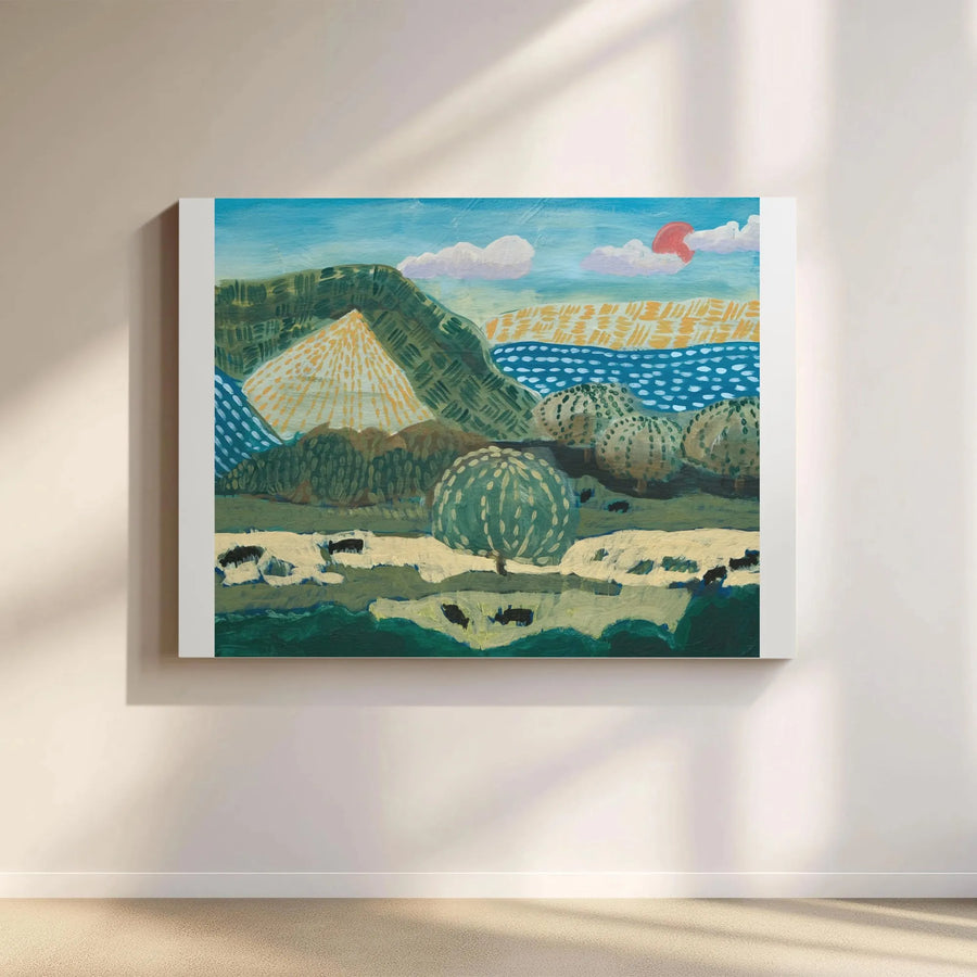 Folk Art Cow Landscape Canvas | Rustic Pastoral Painting Print | Premium Gallery Wrap Wall Art | Modern Farmhouse Living Room Decor Gift