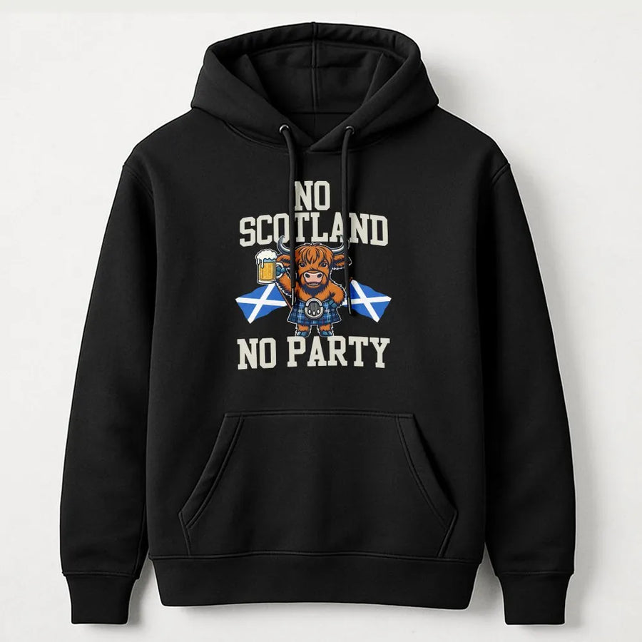 No Scotland No Party Hoodie | Funny Highland Cow Graphic Pullover | Premium Cotton Blend | Gift for Scottish Supporter