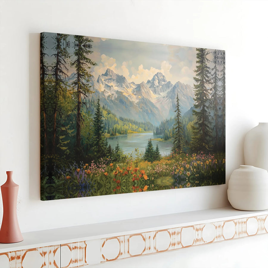 Mountain Lake Landscape Canvas | Wildflower Meadow Pine Forest Art | Premium Gallery Wrap Print | Nature Wall Decor Gift for Nature Lovers