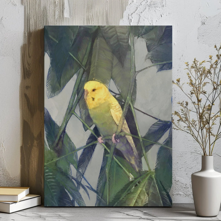 Yellow Budgie Canvas Wall Art | Tropical Leaf Bird Painting | Premium Gallery Wrap Print | Nature Decor Gift for Bird Lovers