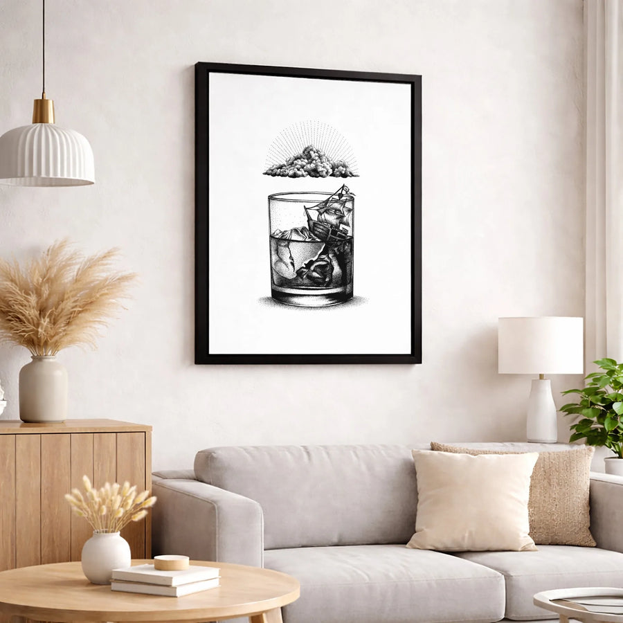 Sailing Ship in Whiskey Glass Canvas | Surreal Dotwork Wall Art | Premium Fade-Resistant Print | Unique Home Decor Gift for Him