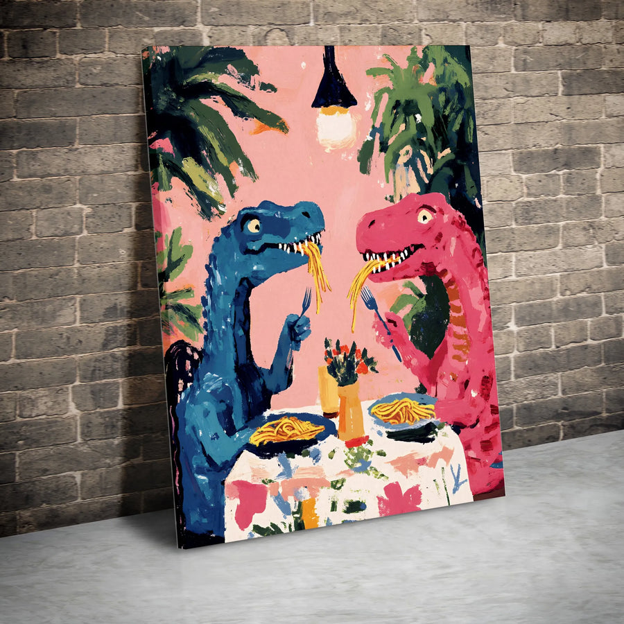 Dinosaur Spaghetti Date Canvas Print | Whimsical T-Rex Pasta Dinner Wall Art | Premium Gallery Wrapped Canvas | Quirky Kitchen & Home Decor Gift