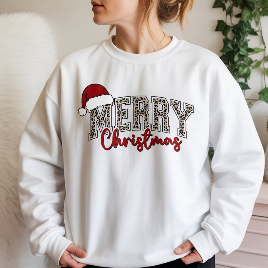 Merry Christmas Sweatshirt | Leopard Print Varsity Lettering with Santa Hat | Premium Cotton Blend | Unisex Festive Holiday Gift for Women and Men