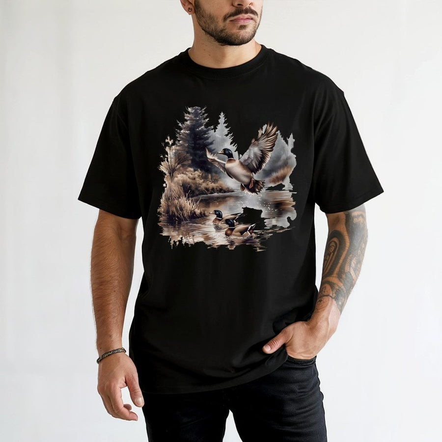 Mallard Duck T-Shirt | Vintage Wildlife Pond Scene Graphic | 100% Cotton Premium Tee | Nature Lover Gift for Outdoorsmen & Bird Watchers
