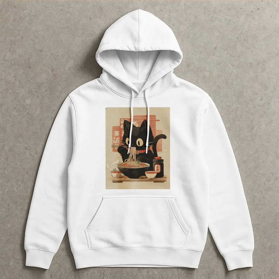 Ramen Cat Hoodie | Kawaii Japanese Noodle Eating Black Cat Graphic | Premium Cotton Blend | Aesthetic Anime Style Gift For Cat Lovers