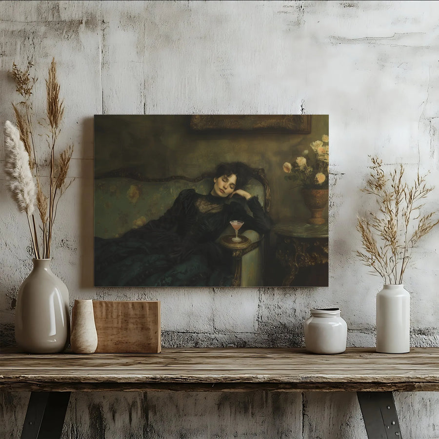 Vintage Classical Art Canvas Print | Sleeping Woman With Pink Cocktail | Gallery Quality 1.25 Inch Wrap | Moody Home Decor Gift