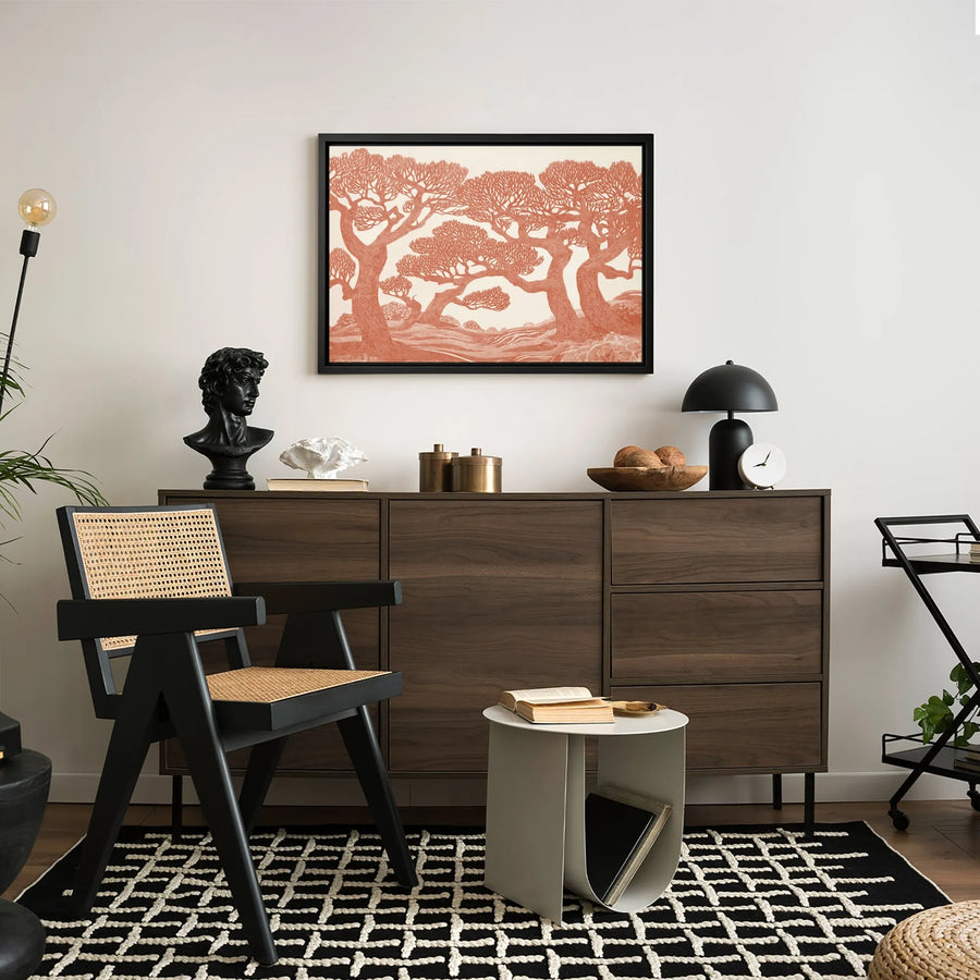 Terracotta Tree Landscape Canvas Art | Modern Linocut Style Forest Wall Decor | Premium 1.25-Inch Gallery Wrap | Bohemian Home Office Gift