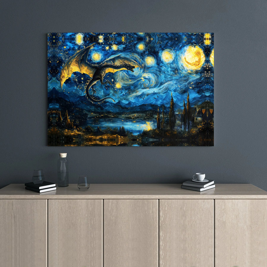 Dragon Wall Art Canvas | Starry Night Impressionist Fantasy Landscape | 1.25-Inch Gallery Wrap Premium Print | Magical Gift for Fantasy Lovers
