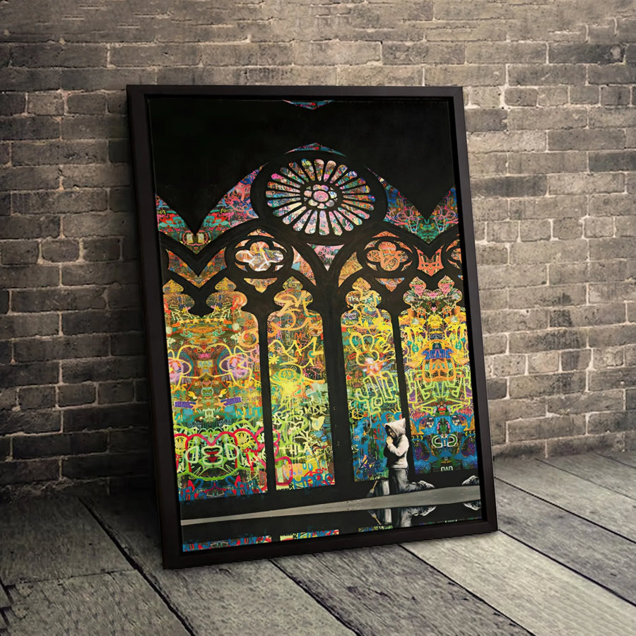 Graffiti Stained Glass Cathedral Canvas Art | Urban Praying Child Wall Decor | Premium 1.25" Gallery Wrap | Modern Artistic Home Gift