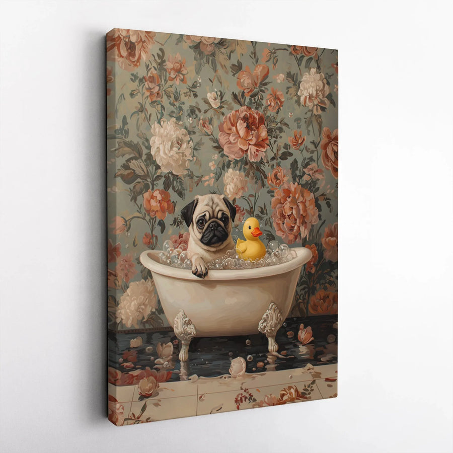 Pug in Bathtub Canvas Wall Art | Vintage Floral Bathroom Decor | Premium Gallery Wrap Print | Whimsical Dog Lover Gift