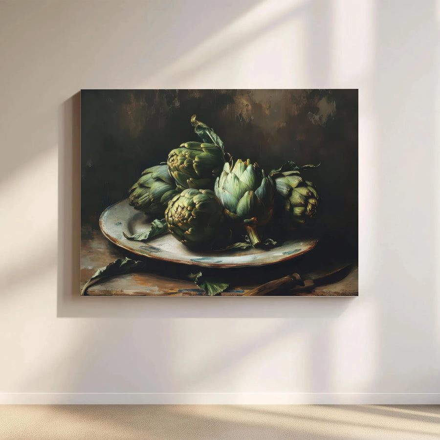 Vintage Artichoke Canvas Wall Art | Moody Still Life Kitchen Art | Premium Gallery Canvas Print | Rustic Farmhouse Decor Gift