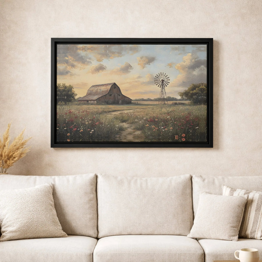 Rustic Farmhouse Wall Art | Vintage Barn and Windmill Landscape | Premium Gallery-Wrapped Canvas Print | Countryside Home Decor Gift